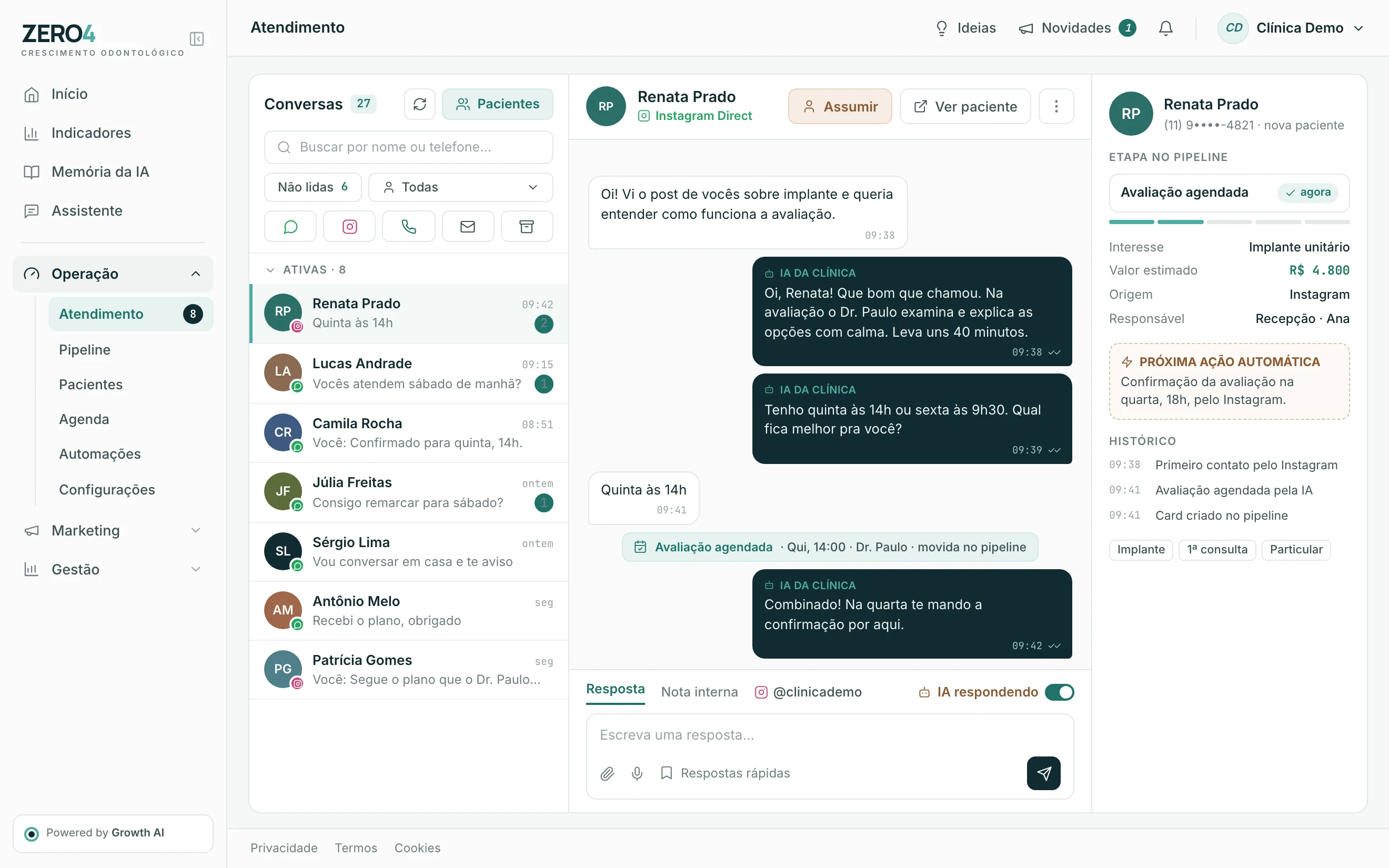 Central de atendimento com conversas de WhatsApp e Instagram, a IA da clínica agendando uma avaliação e o painel do paciente com a próxima ação automática.
